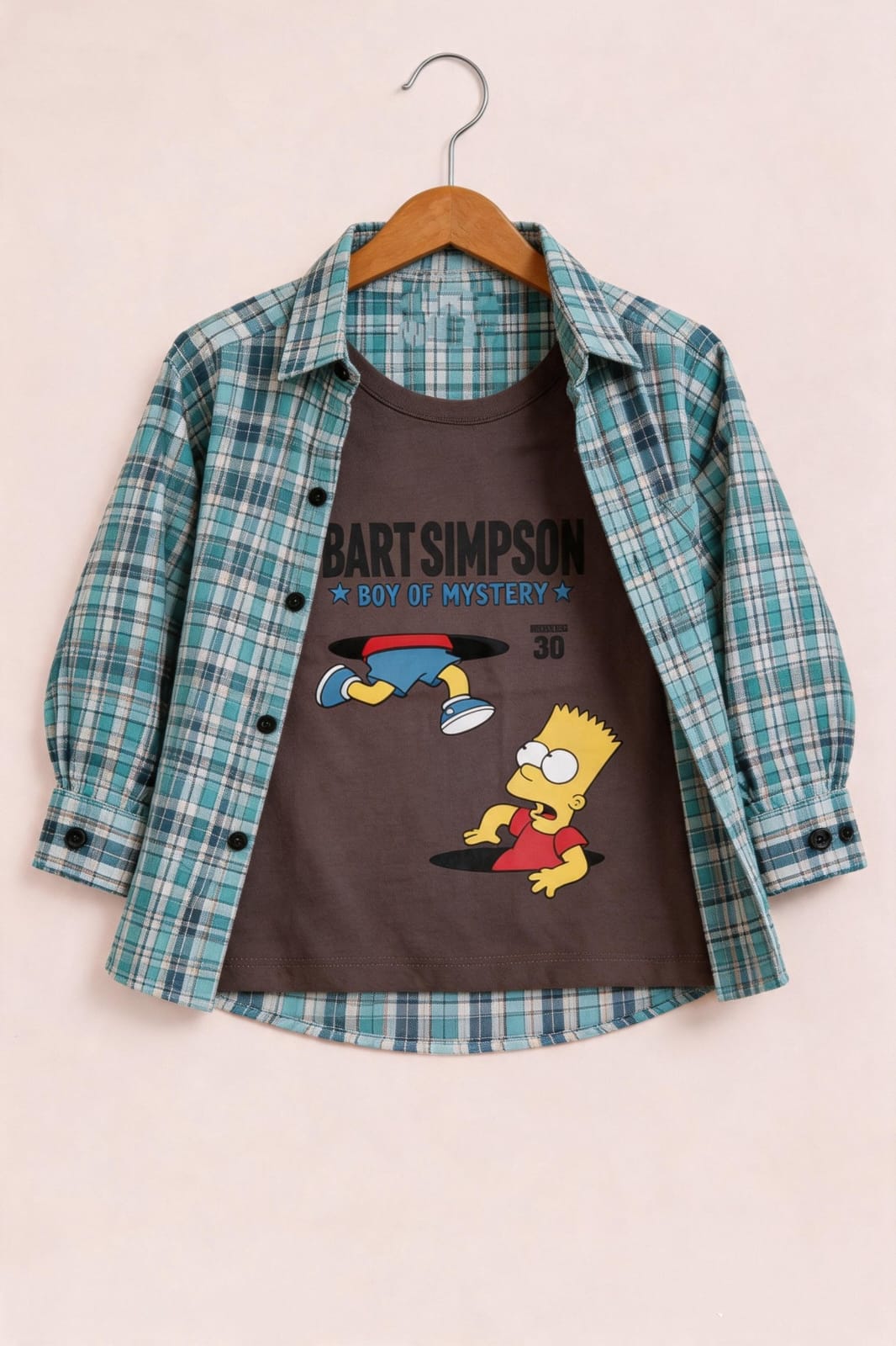 Light Green Checked Ocean Blue Plaid Character Layered Casual Shirt