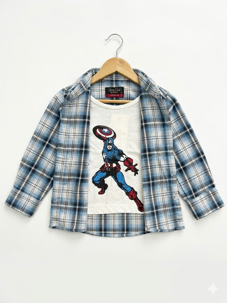 Black Checked Captain America Printed Boys Layered Casual Shirt 501
