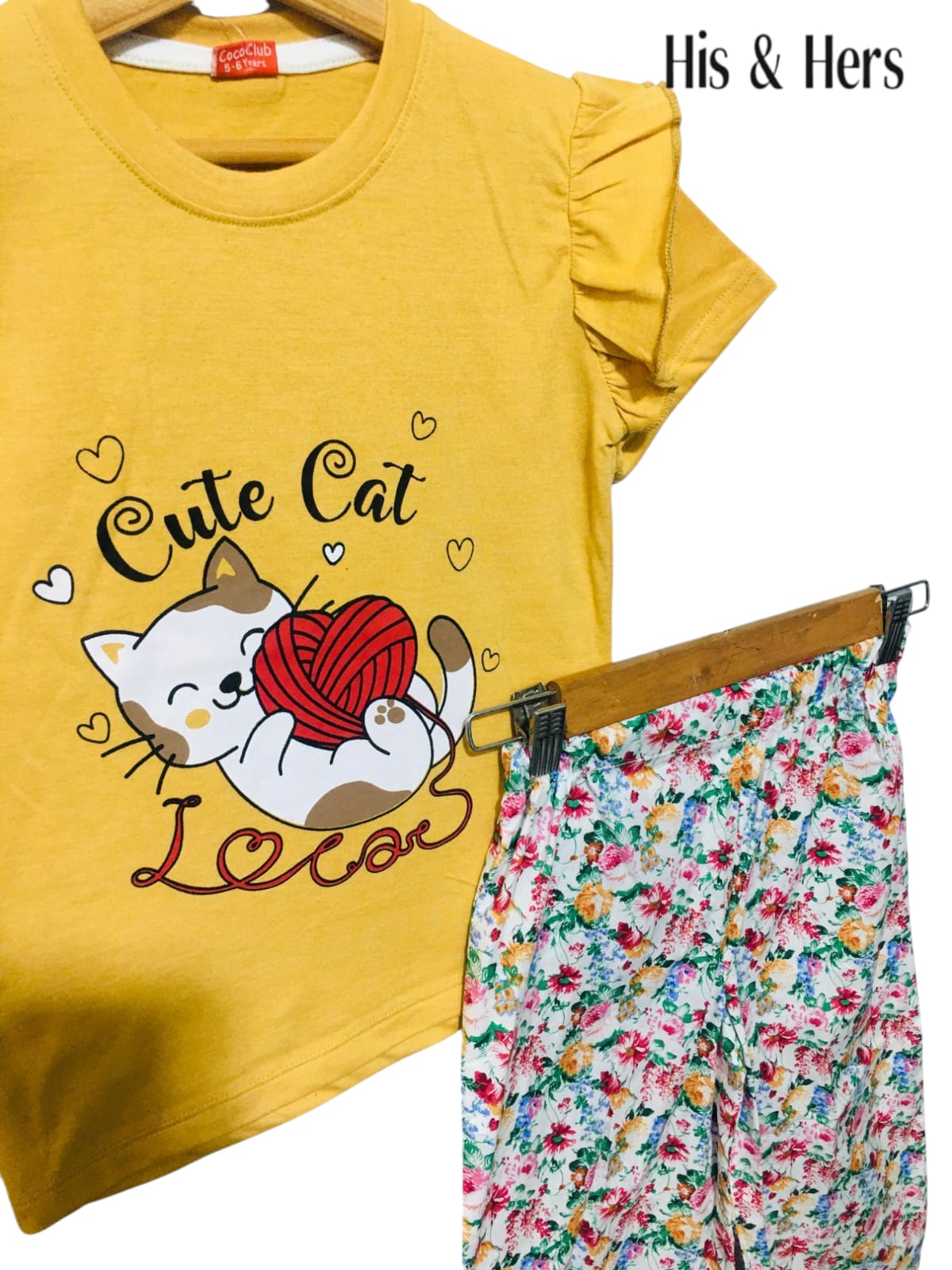Cute Cat Kid's Mustard Yellow T-Shirt & Cotton Flapper Girls 108