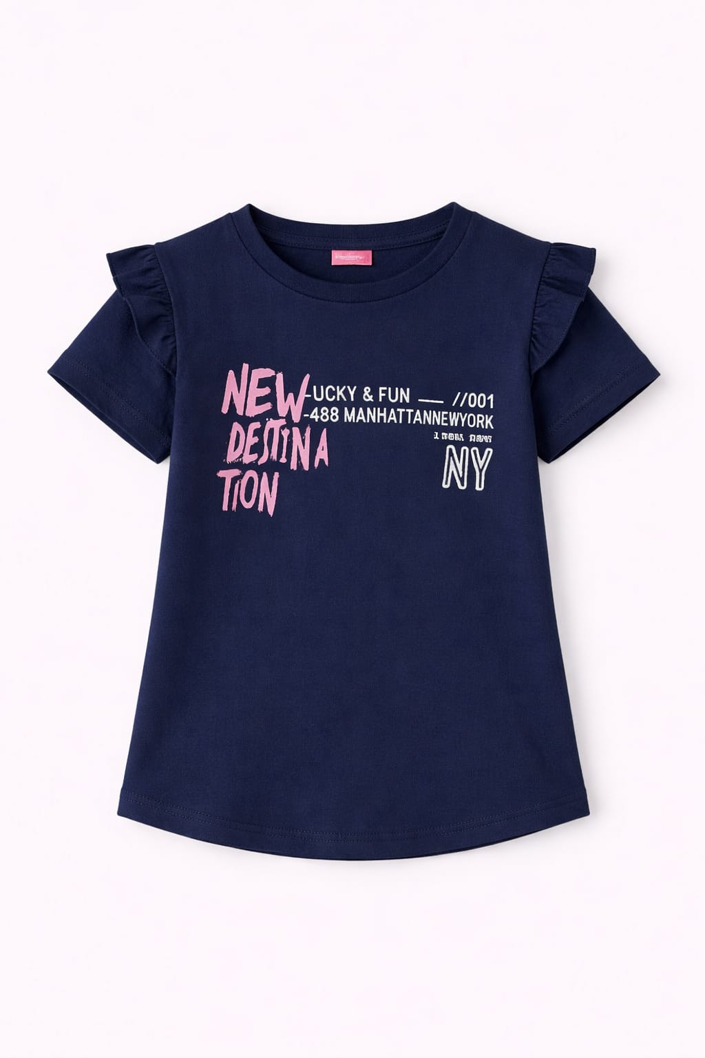 Navy blue girls t-shirt with “New Destination NY” text print, frill sleeves and soft cotton fabric in Pakistan.