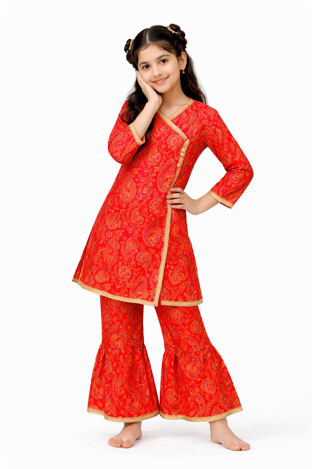 Red printed lawn 2-piece outfit for girls with kurti and flared pants, Pakistan Outfits