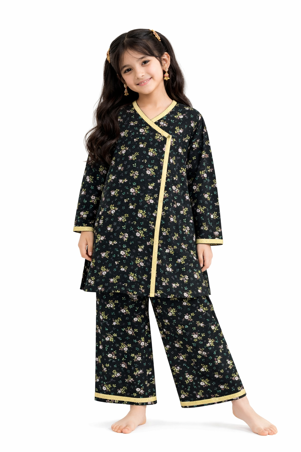 Black floral cotton 2-piece girls outfit with wrap-style kurti and straight pants, studio background Pakistan