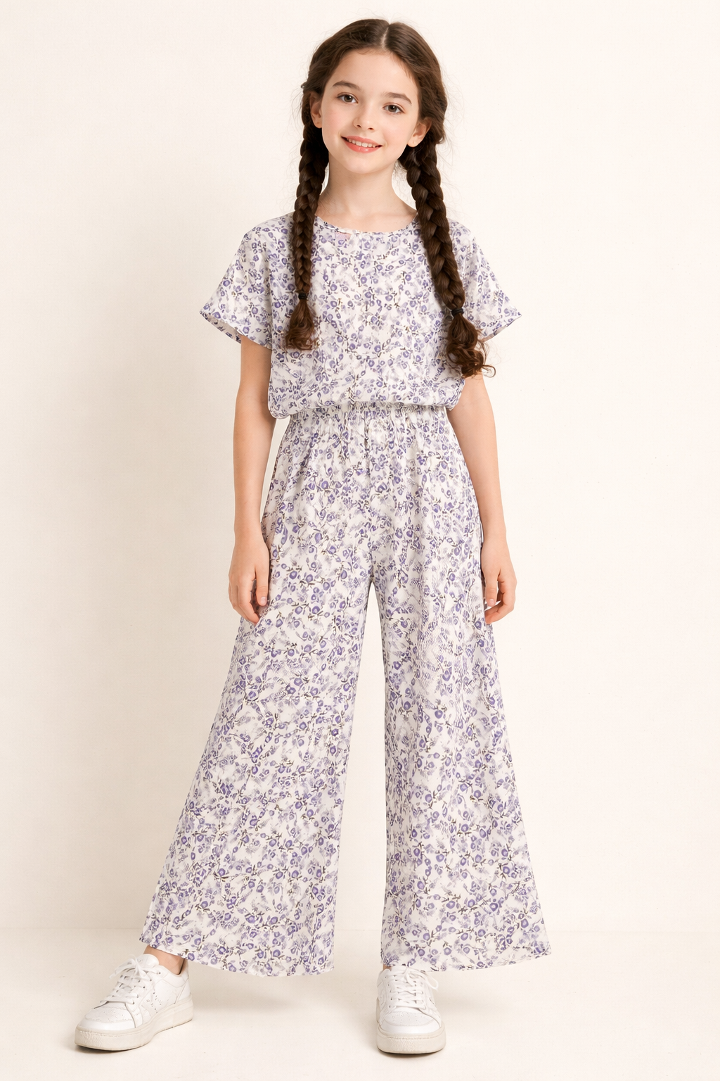 White purple floral cotton girls co-ord set with wide-leg pants indoor.