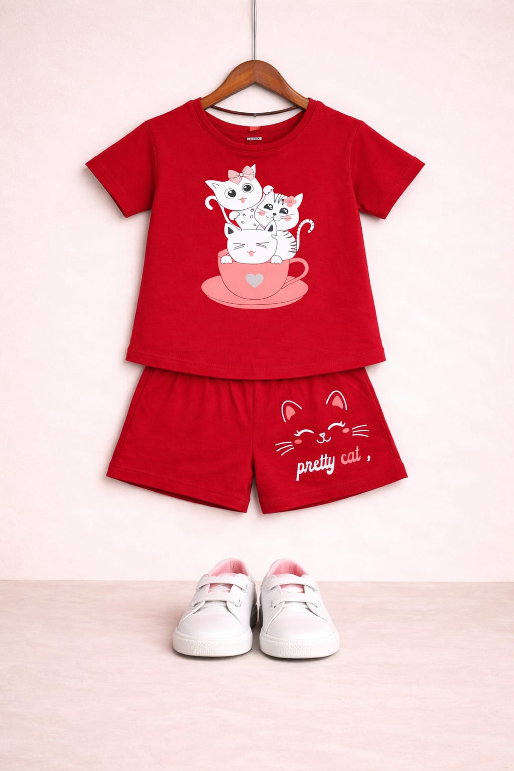 White Cats Printed red Nicker Suit Girls
