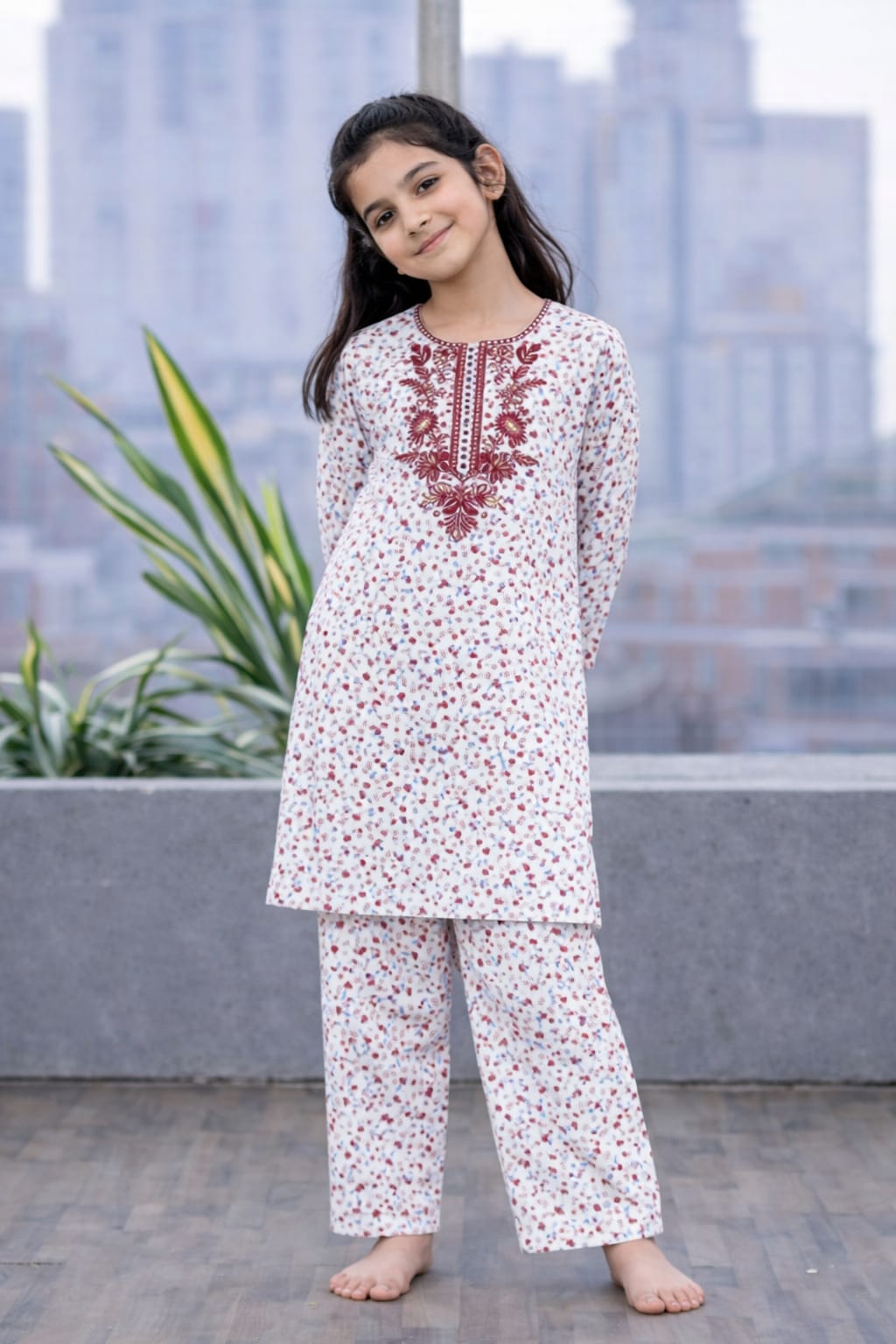 Brown White Flowers Printed neckline Embroidery Girls Suit
