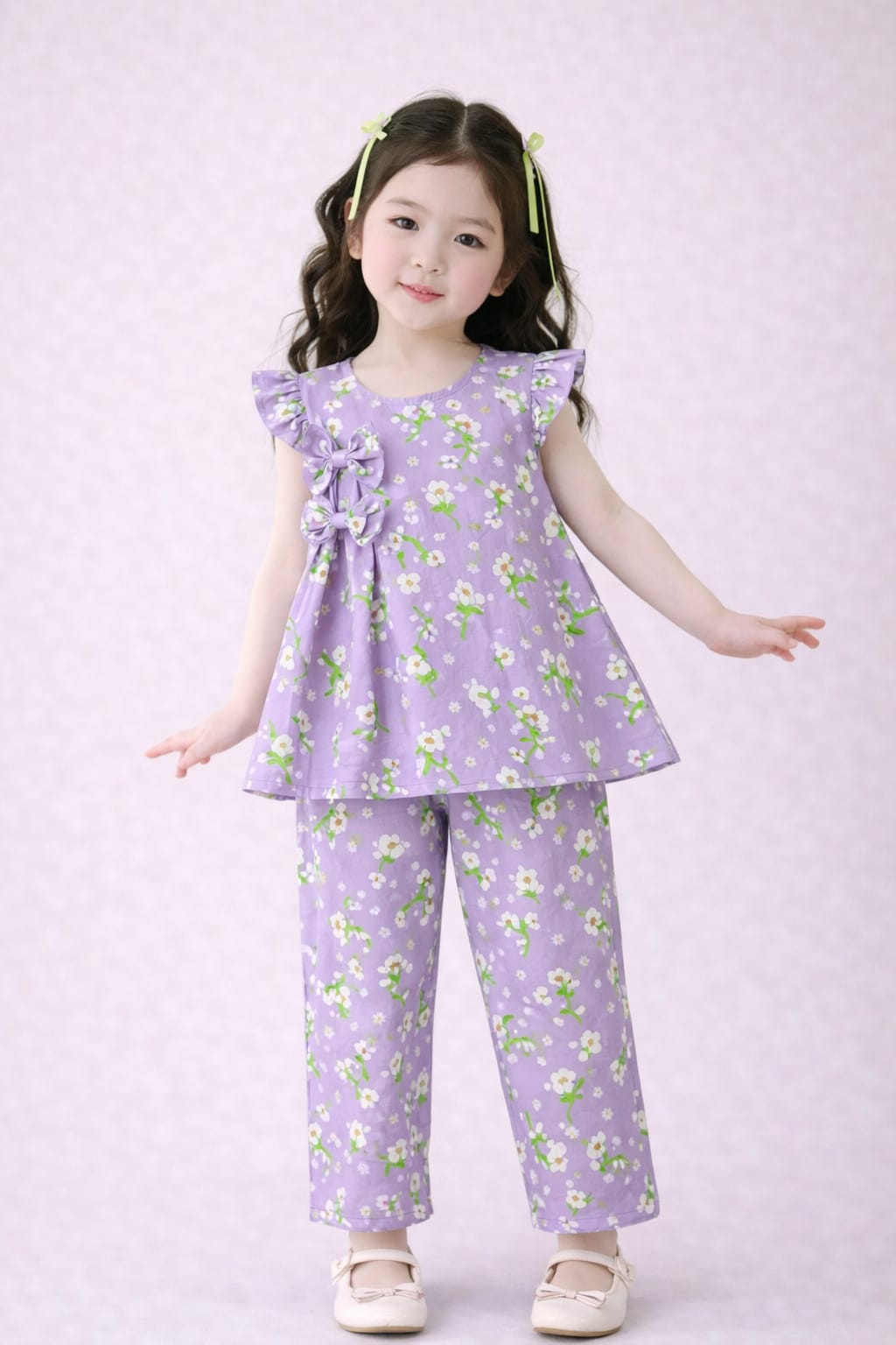 White Flowers with Green leaves Printed Purple Girls Co-Ord Set