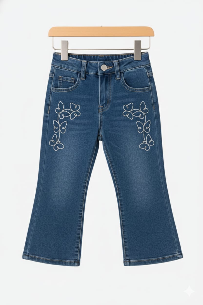 Kids Butterfly Embroidered Denim Bootcut Jeans – Mid Blue 135