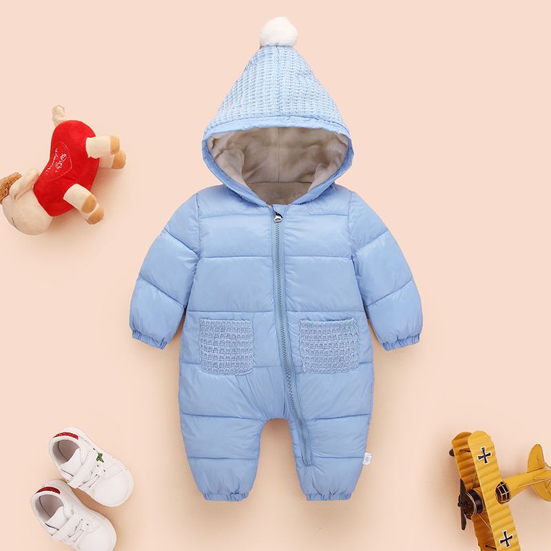 Baby Sky Blue Puffer Romper with Knitted Hood & Pom Pom