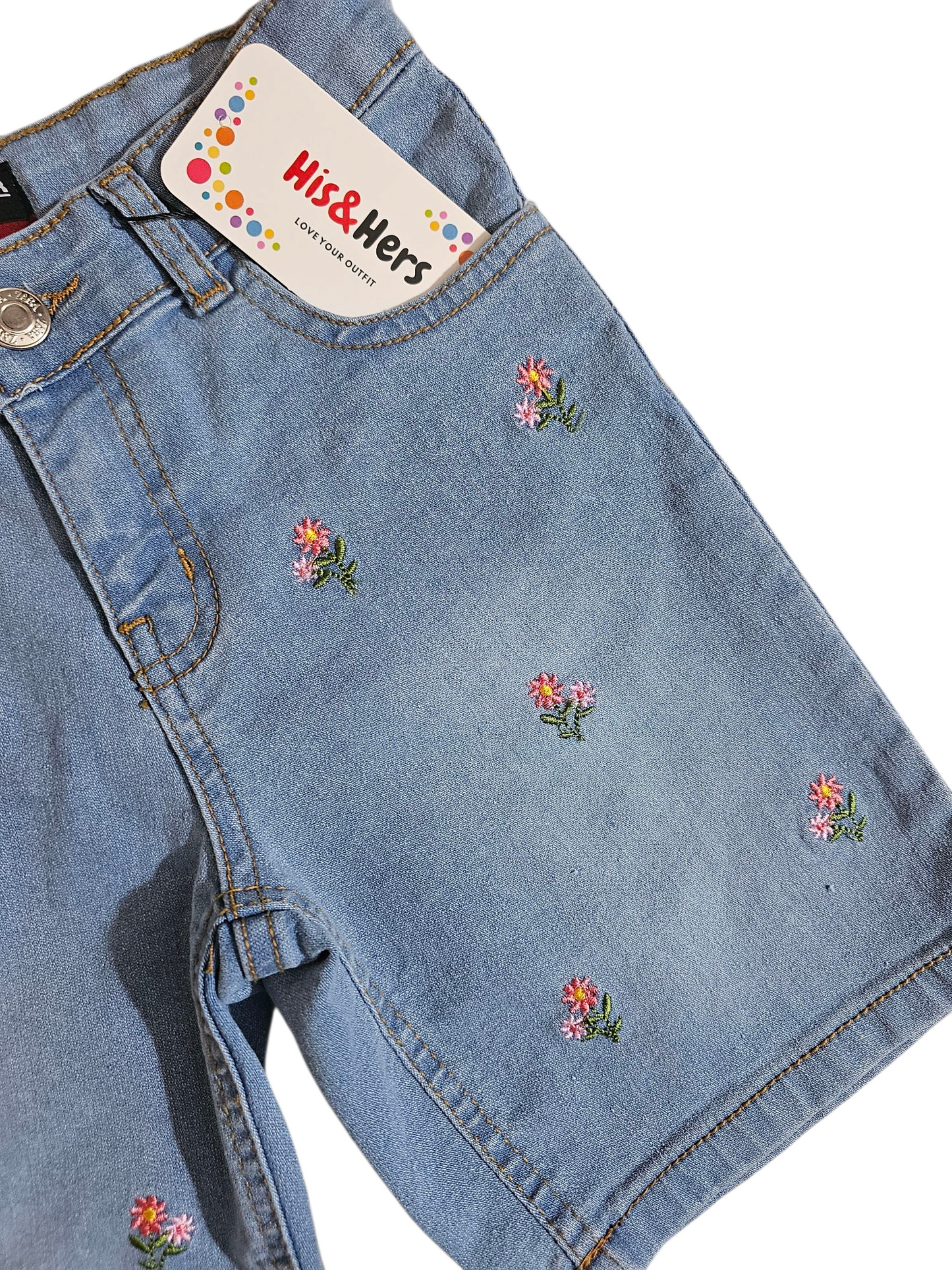 Pink Flowers Embroidery Light Blue Denim Shorts Girls 118