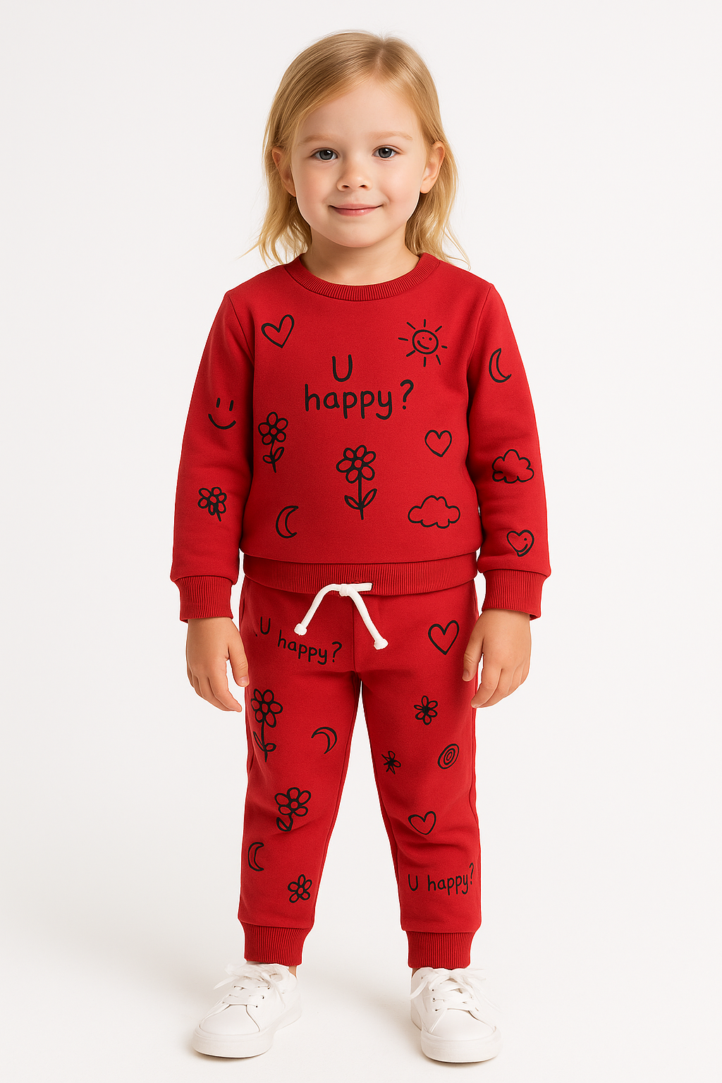 Red Kids’ Tracksuit with Doodle Prints “U happy ?”