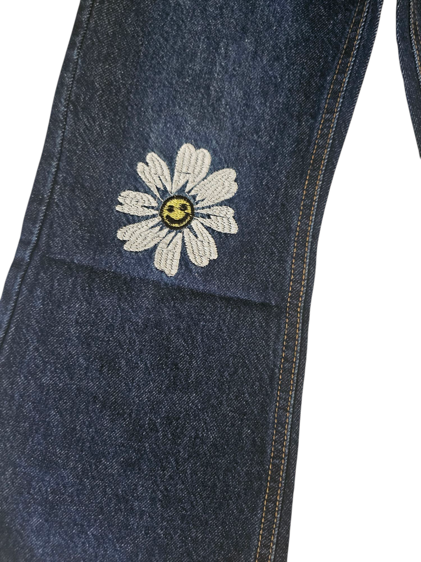 Three White Flowers Embroidered Dark Blue Denim Flapper Pants Girls 269