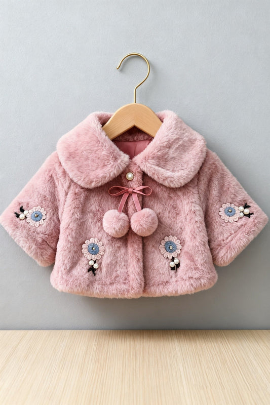 Fluffy Pink Winter Cape for Baby Girls – 3D Flowers