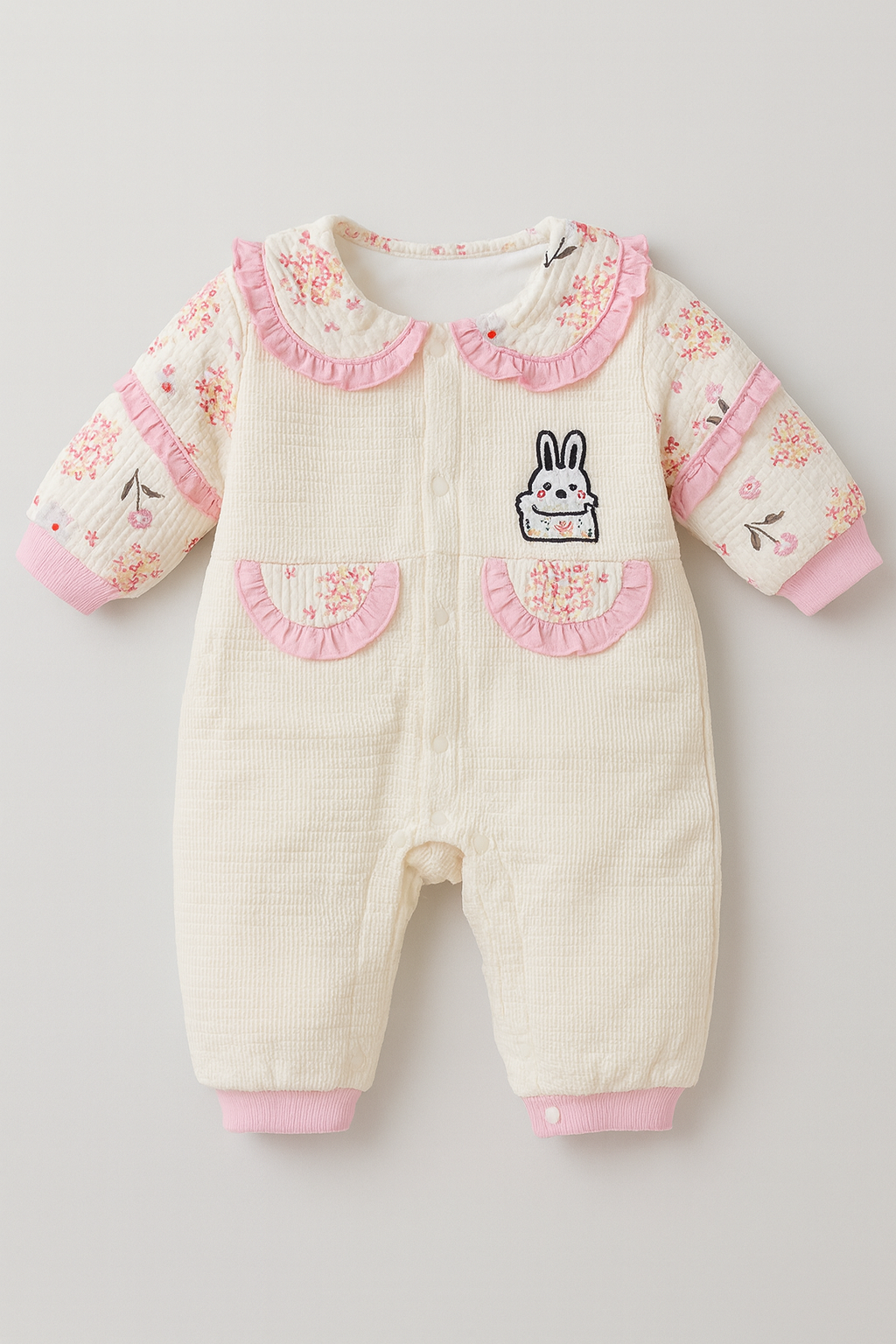 Pink Cozy Floral Baby Jumpsuit – Bunny Patch & Ruffle Details