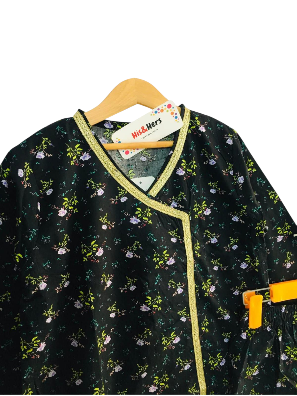 Purple Flowers Black Traditional Suit – 2-Piece Cotton Set 238
