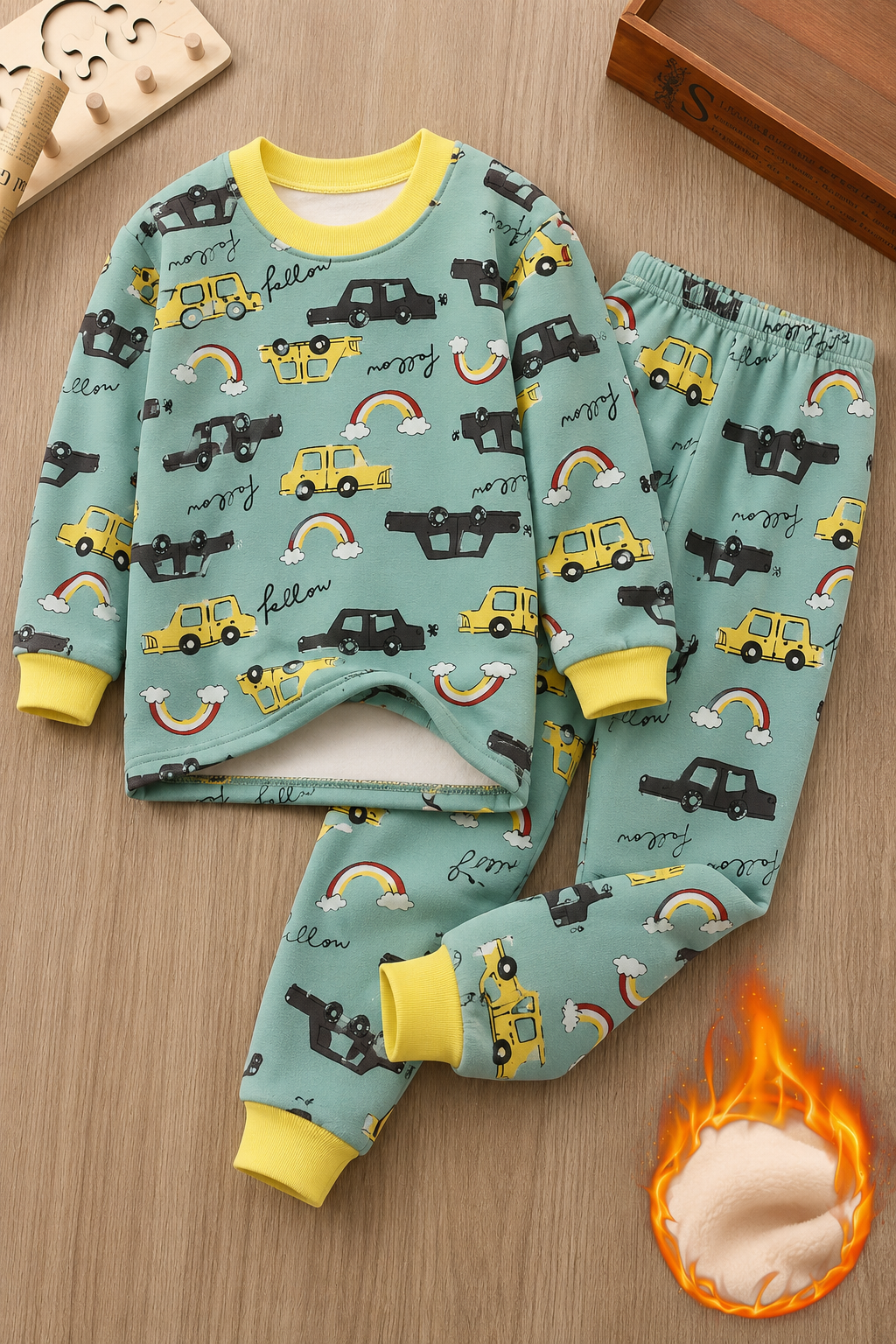 Cars & Rainbows Fleece Winter Night Suit Dusty Aqua 522
