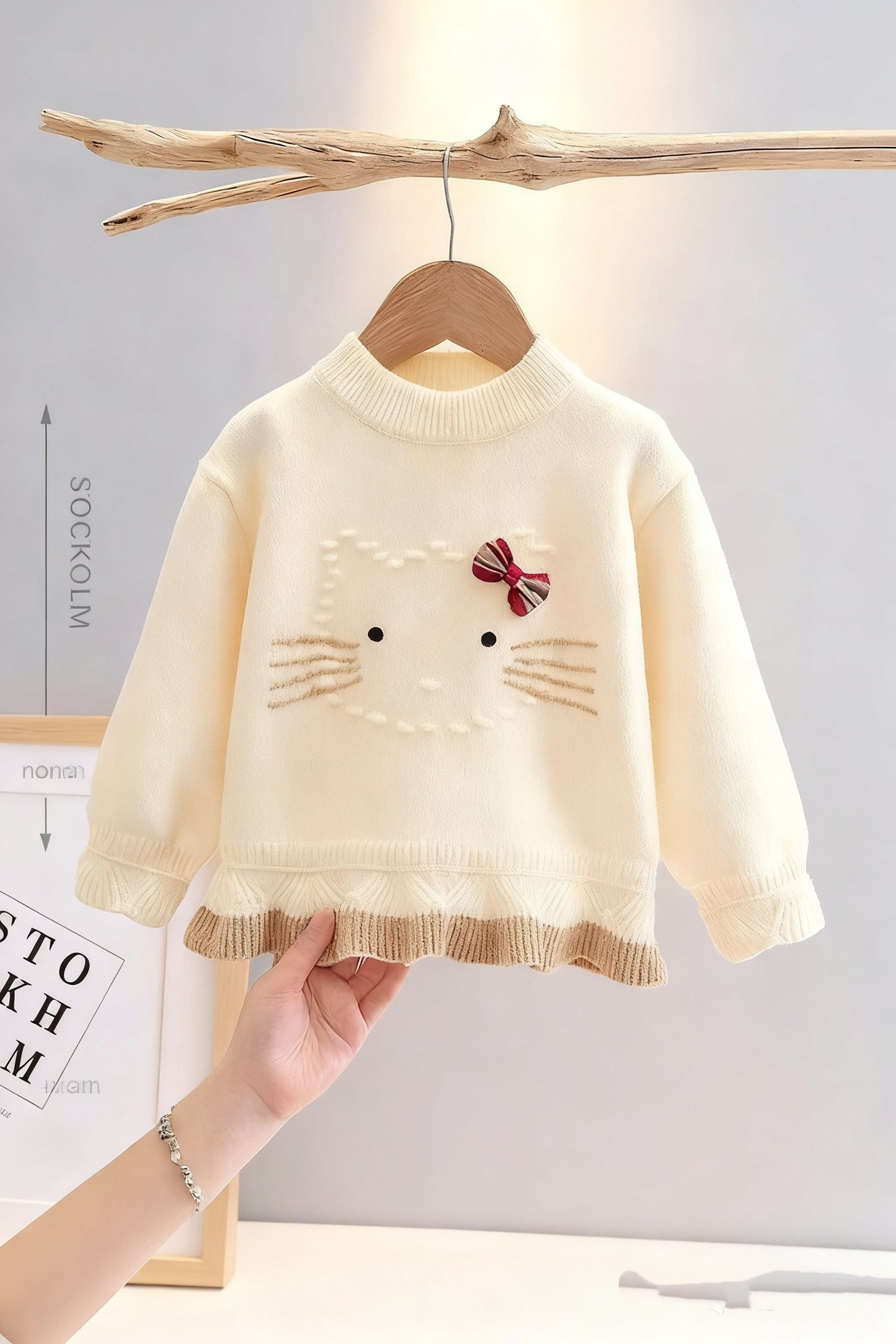 Cute Kitty Knit Sweater for Girls – Cream Bow Design