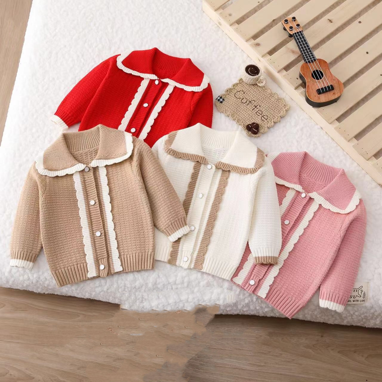 His&Hers Knitted White Sweater Cardigans with Collar Girls