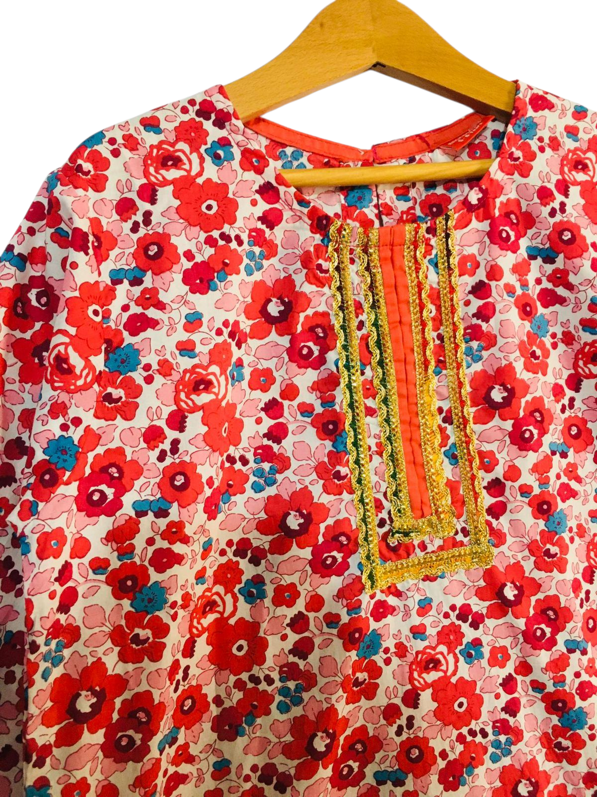 Floral Kurti & Shalwar Set for Girls – Red & Multicolor Print 440