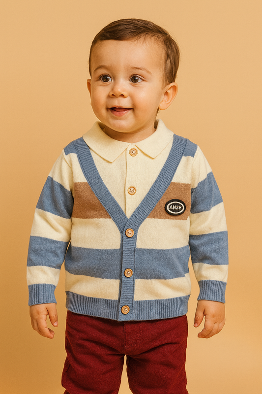 His&Hers Stripped Blue Sweater Cardigans With Colar