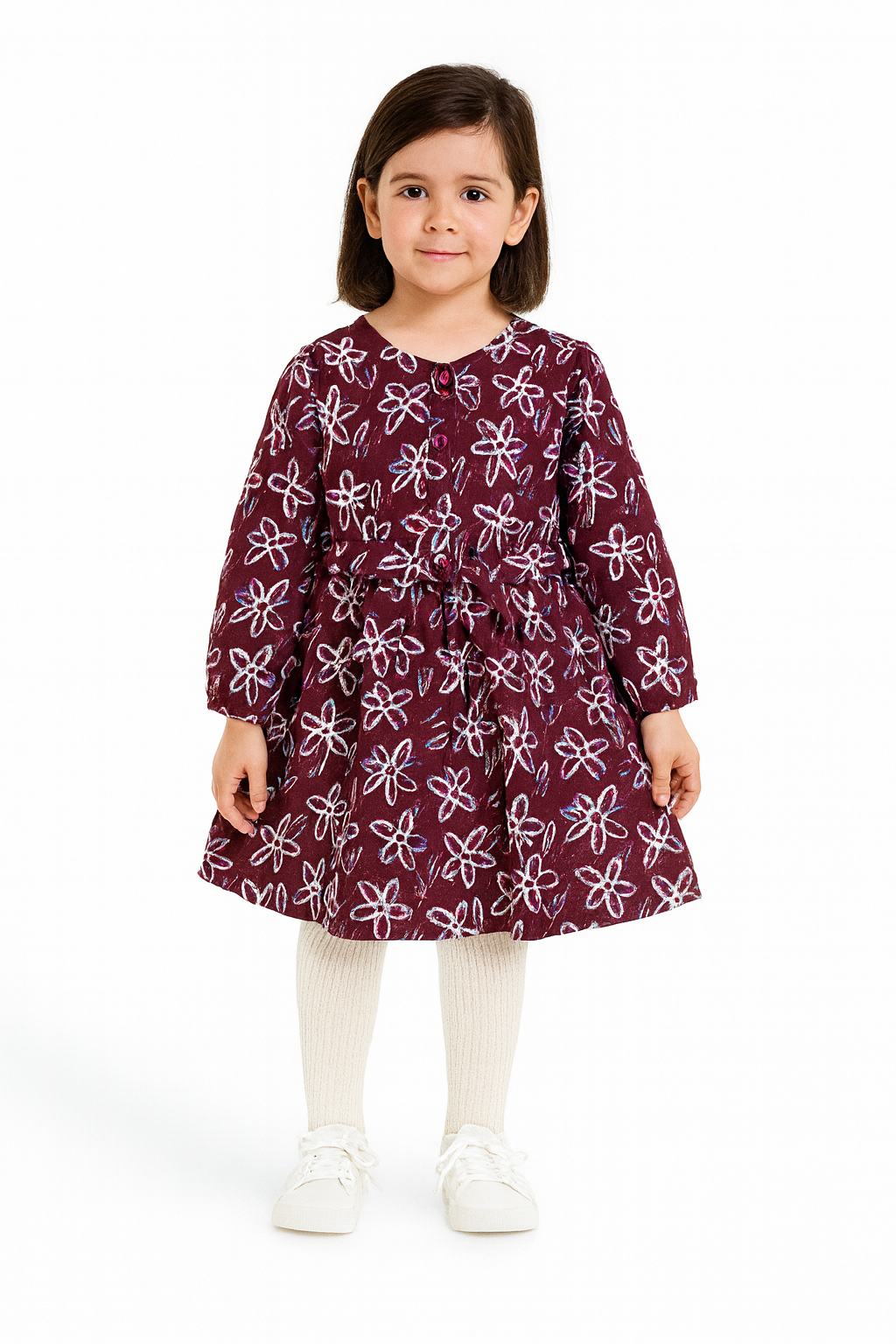 Girls’ Maroon Floral Frock – Long Sleeve 127
