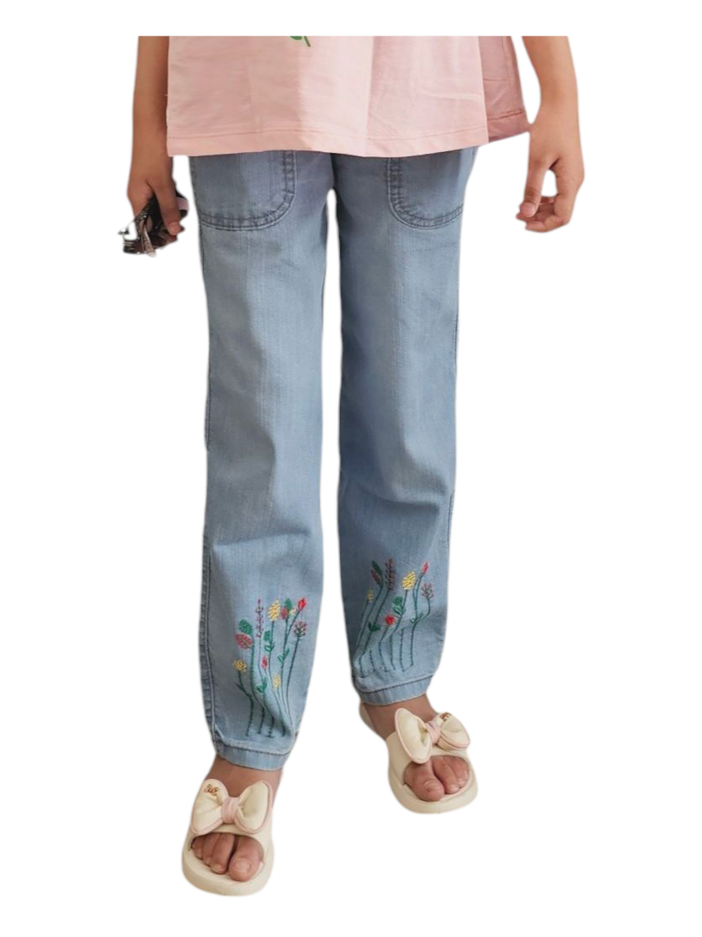 Colorful Flowers Embroidered Light Blue Soft Denim Flapper Pants Girls 270