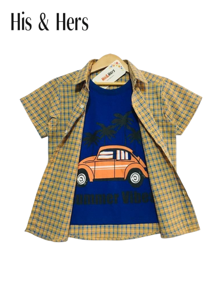 Blue Checked Beige Double Casual Shirt Boys 210