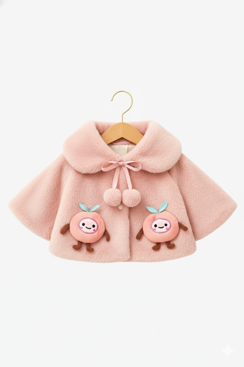 Fluffy Baby Pink Winter Cape for Baby Girls – 3D Apple