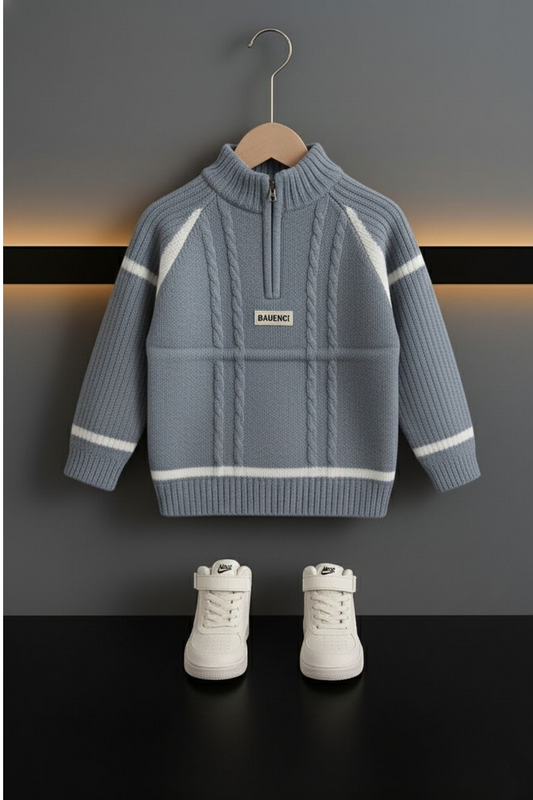 Boys Cable-Knit Half Zipper Sweater – Grey Blue