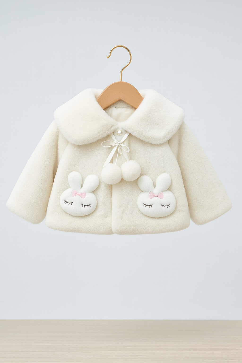 Fluffy Cream White Winter Cape for Baby Girls – 3D Bunny