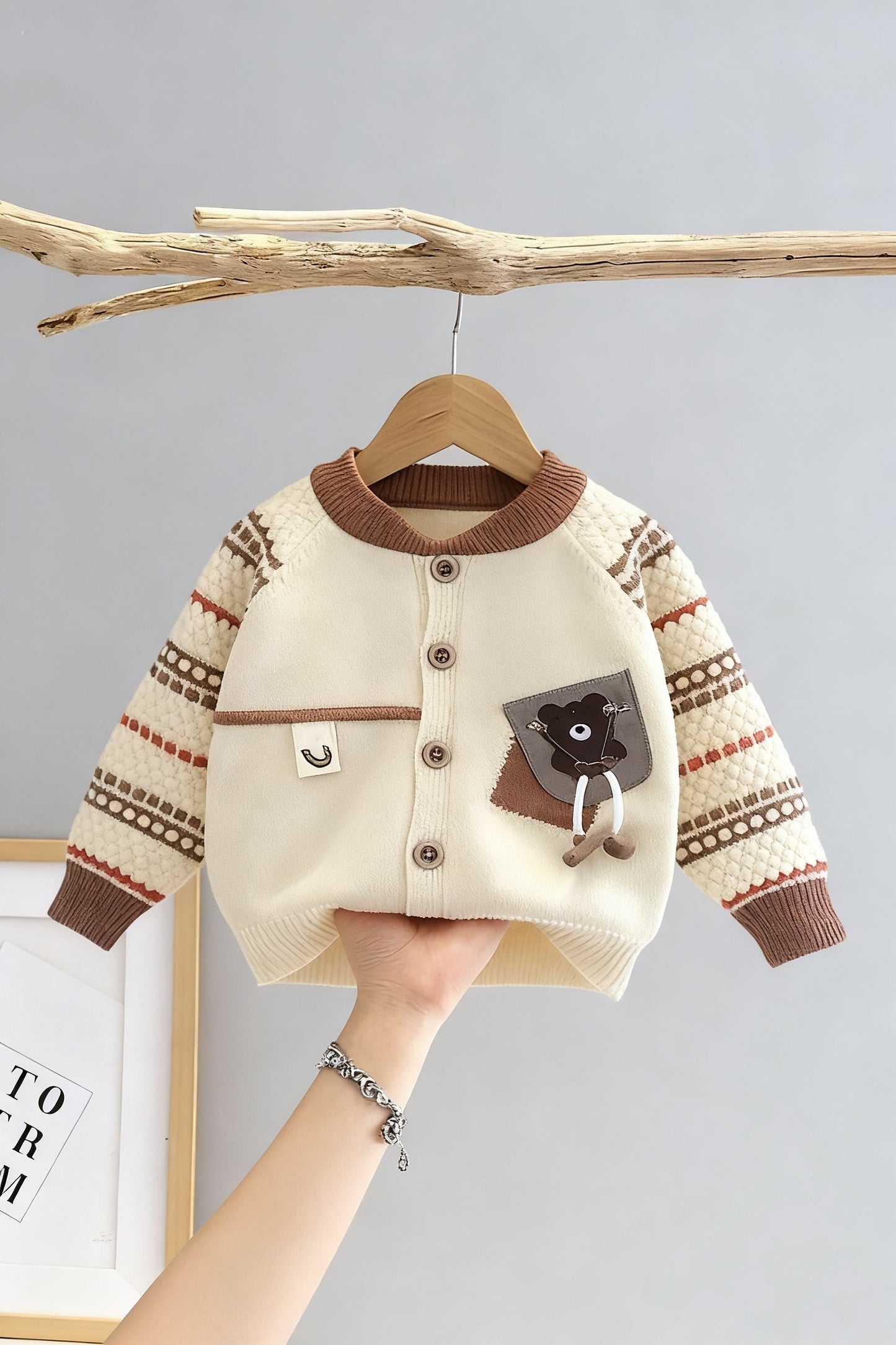 Bear Pocket Knit Cardigan for Kids – Cream Brown