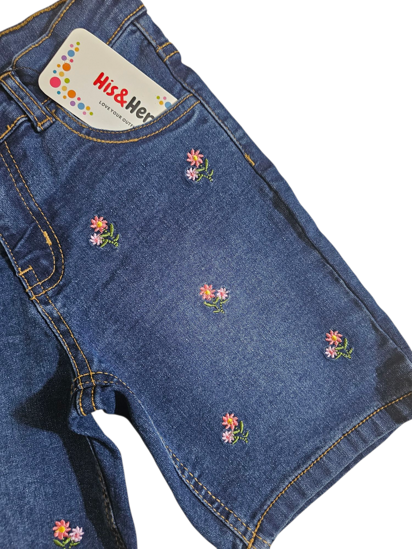 Pink Flowers Embroidery Dark Blue Denim Shorts Girls 118