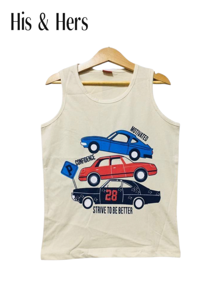 Three Cars Print Sleeveless Off-White T Shirt Boys 213
