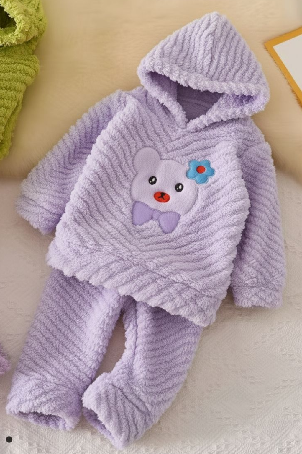 Kids Fuzzy Bear Winter Night Suit- Light Purple