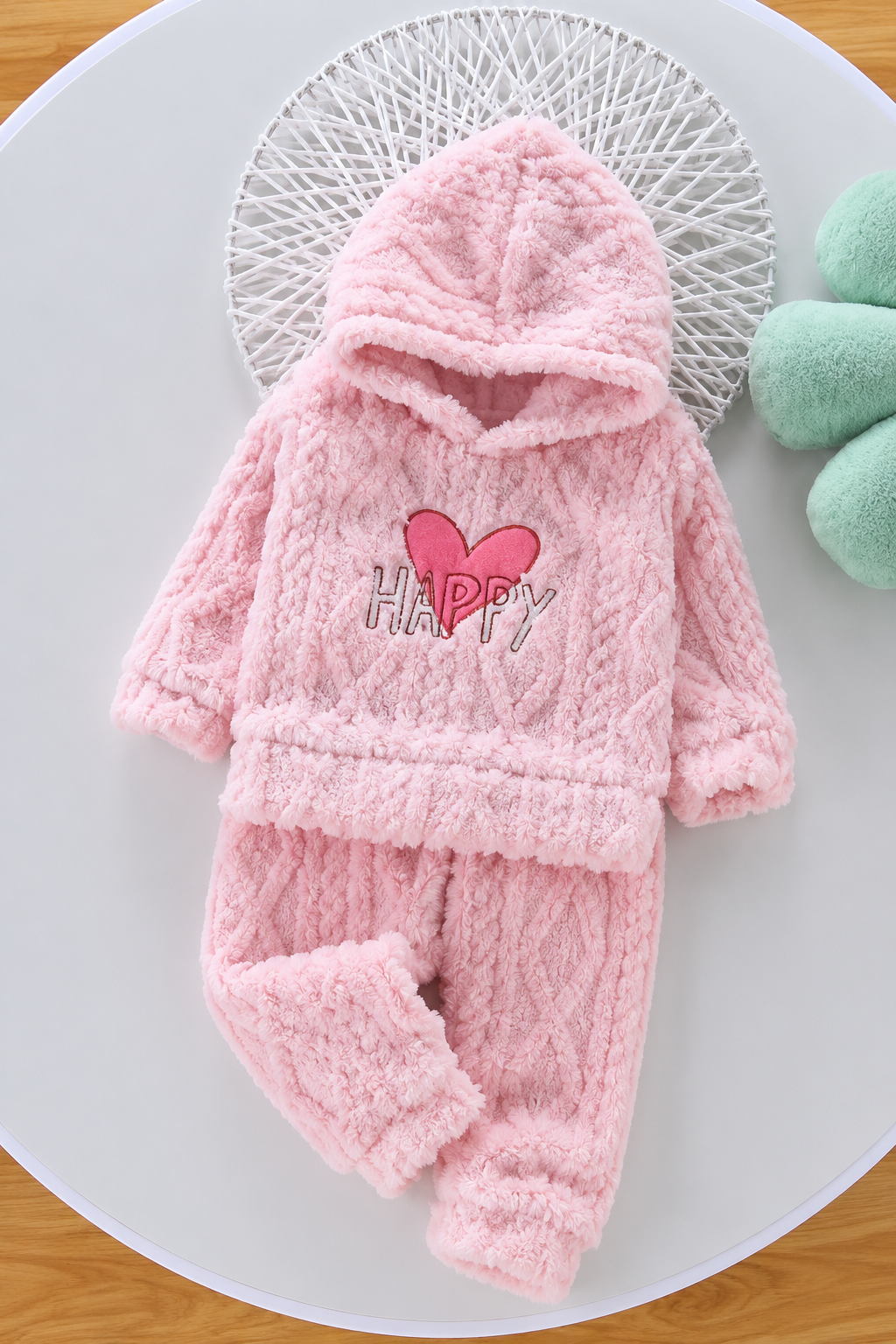 Baby Pink Happy Heart Coral Fleece Winter Night Suit 141