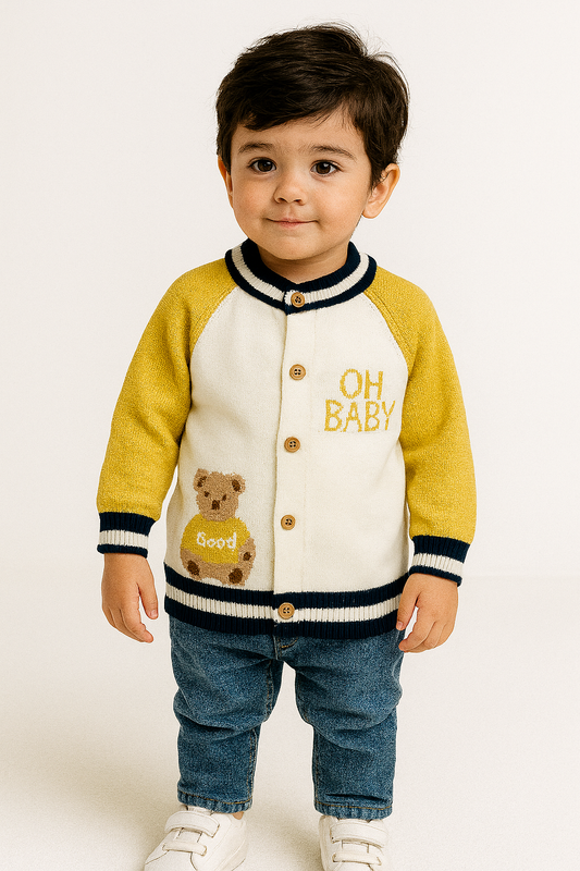 Bear Print Knitted Mustard Sweater Cardigans Boys
