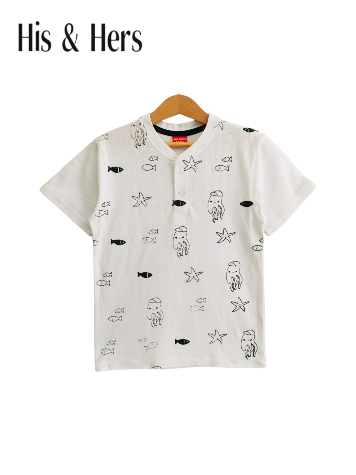 Fish Allover Print Kid's White Henly Polo Shirts Boys 104