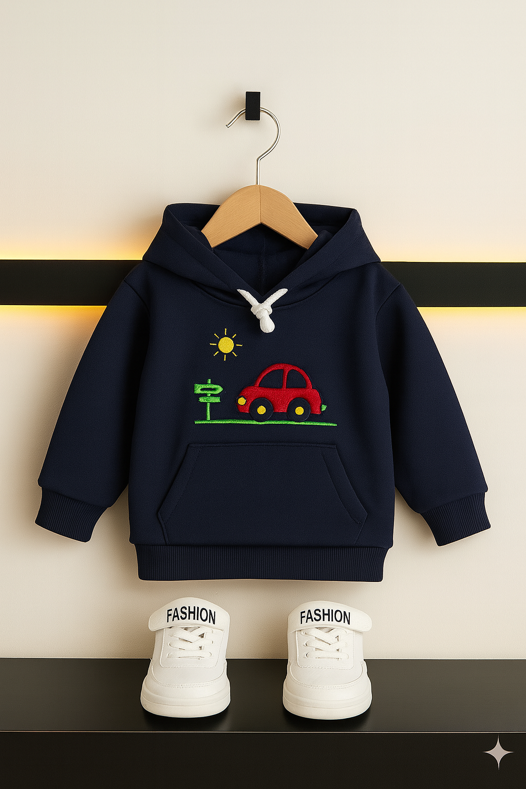 Boys Cartoon Car Print Hoodie- Black