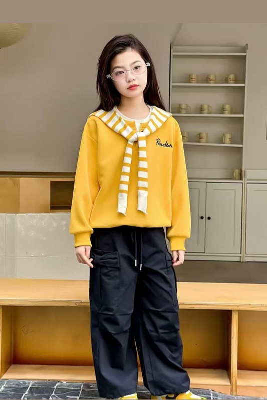 Girls Mustard Yellow Sailor Sweatshirt with Black Cargo Pants | Trendy 2-Piece Set