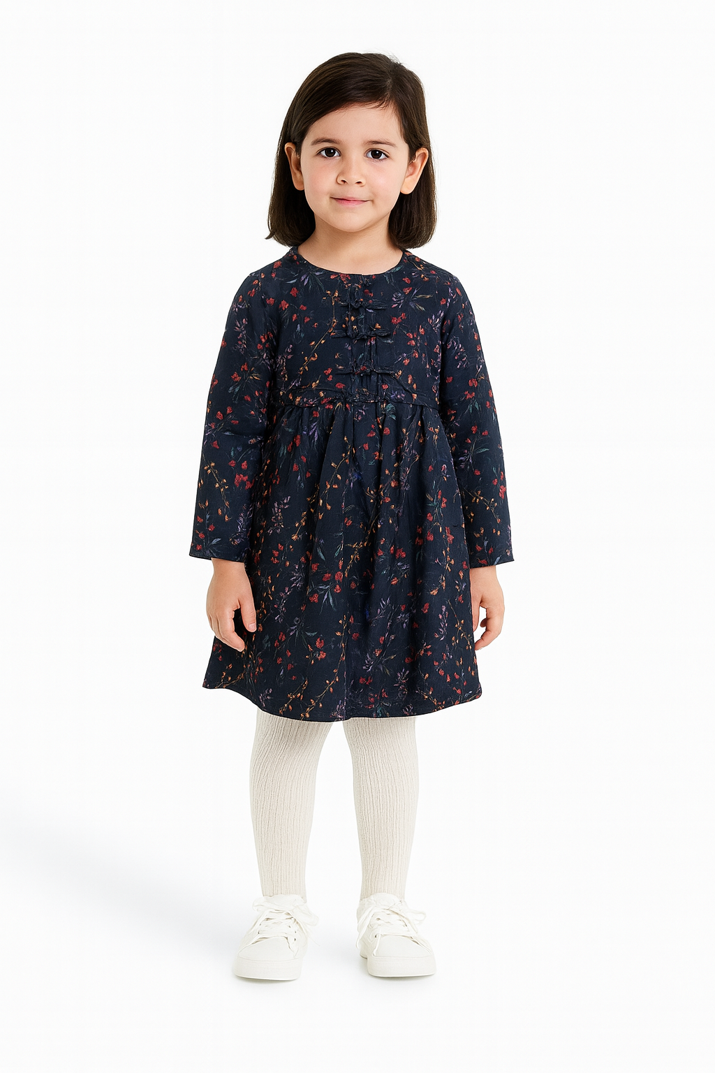 Girls’ Navy Blue Floral Frock – Long Sleeve Casual Dress 🌸 128
