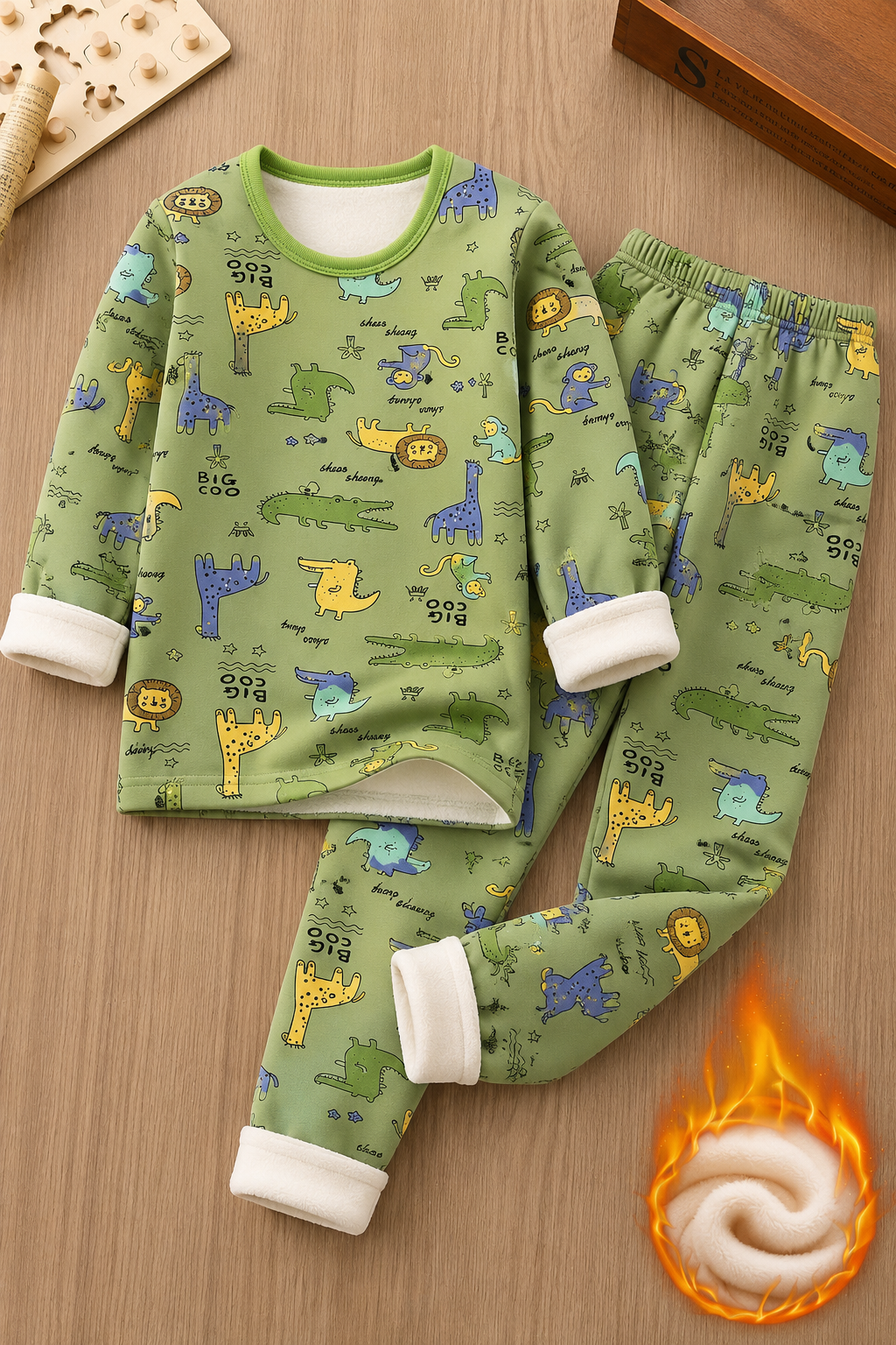 Wildlife Print Fleece Winter Night Suit Green 516