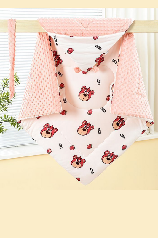 Strawberry Bear Baby Swaddle Blanket – Soft Pink Minky Plush Hooded Wrap for Newborns