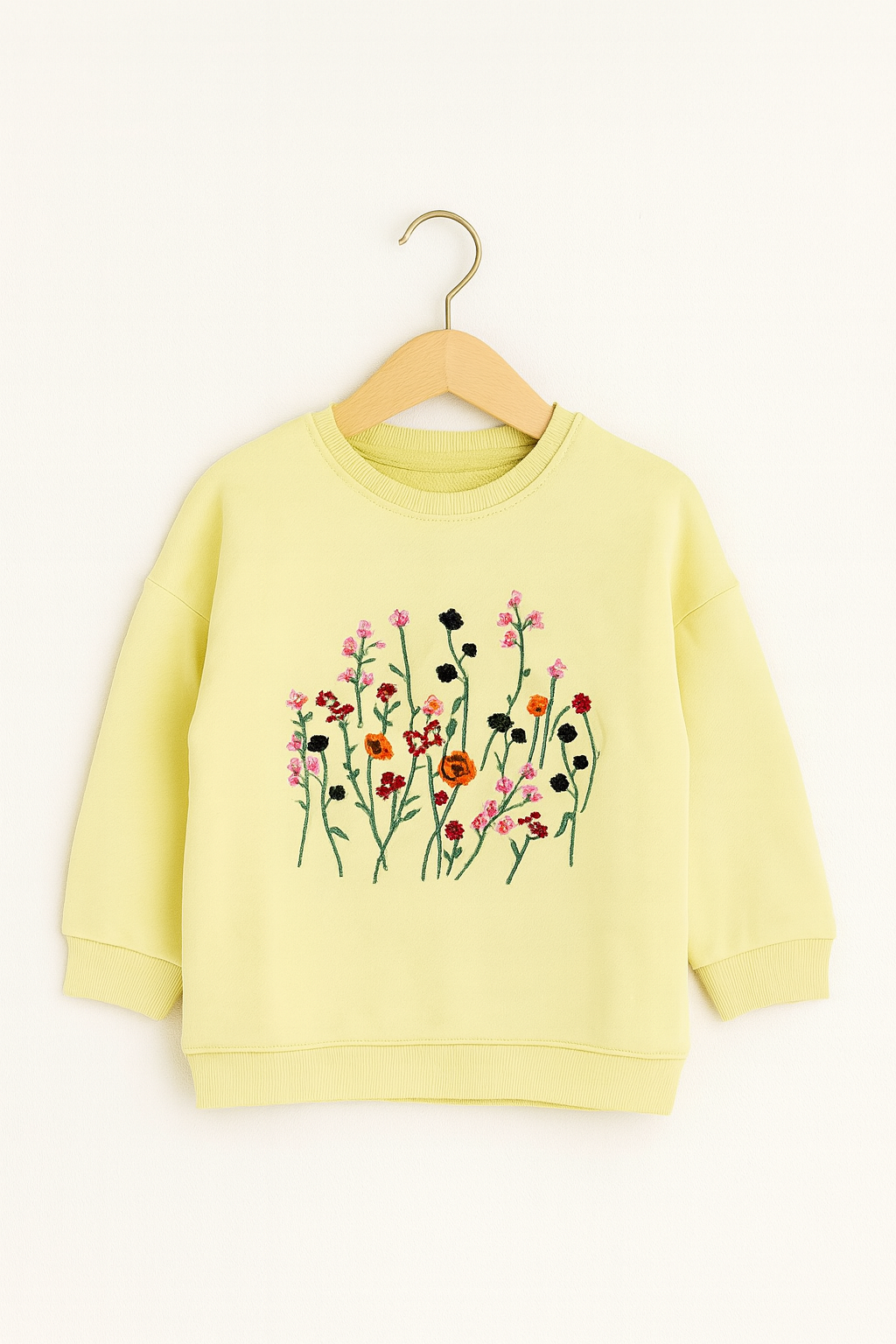 Yellow Drop-Shoulder Floral Embroidered Kids Sweatshirt 204