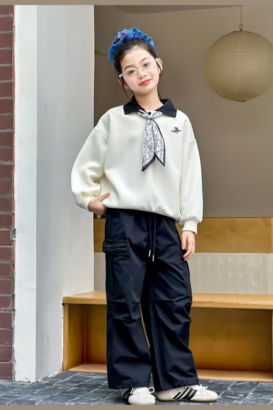 Girls Off-White Collar Sweatshirt with Black Cargo Pants | Elegant 2-Piece Fashion Set