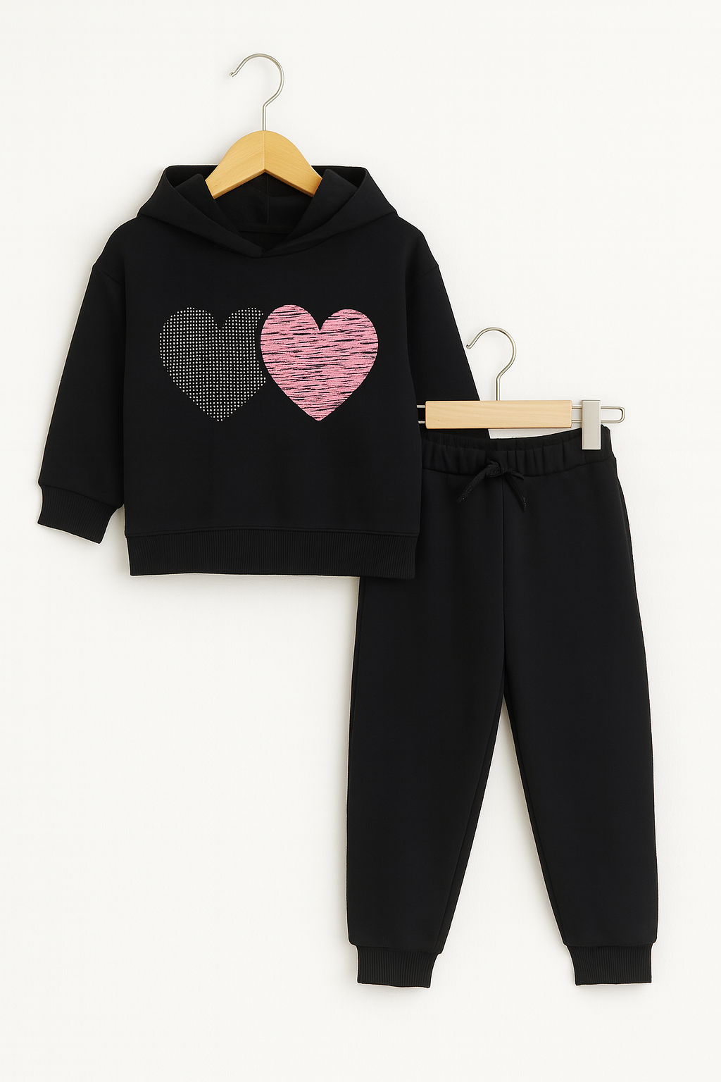 Hearts Print Black Hoodie Tracksuit Girls 408