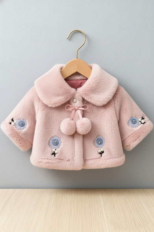 Fluffy Baby Pink Winter Cape for Baby Girls – 3D Flowers