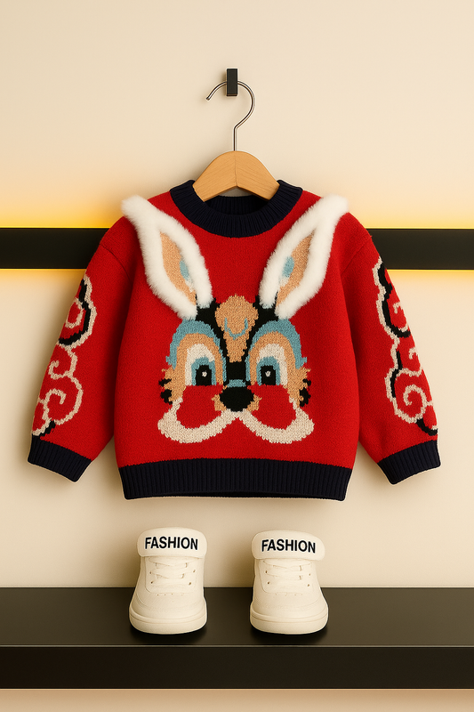 Red Bunny Face Knit Sweater for Kids