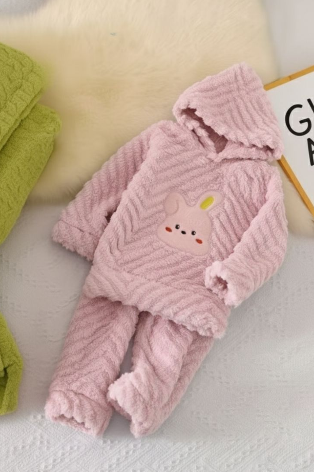 Kids Fuzzy Bunny Winter Night Suit- Pink