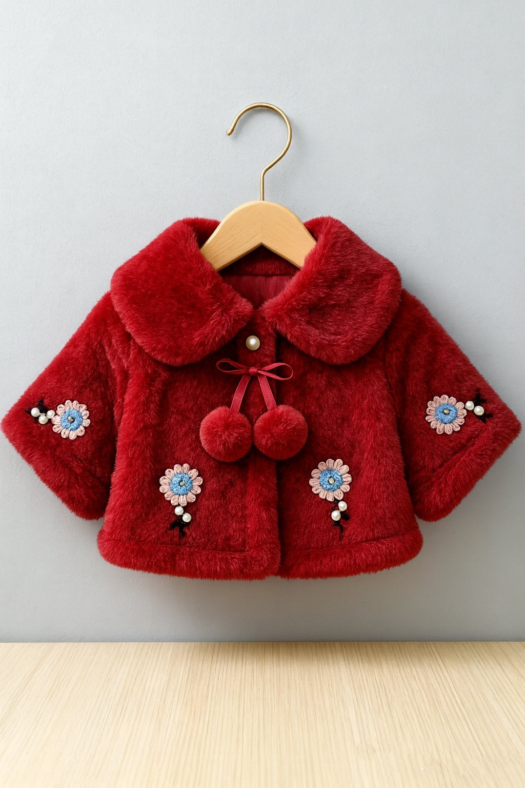 Fluffy Red Winter Cape for Baby Girls – 3D Flowers