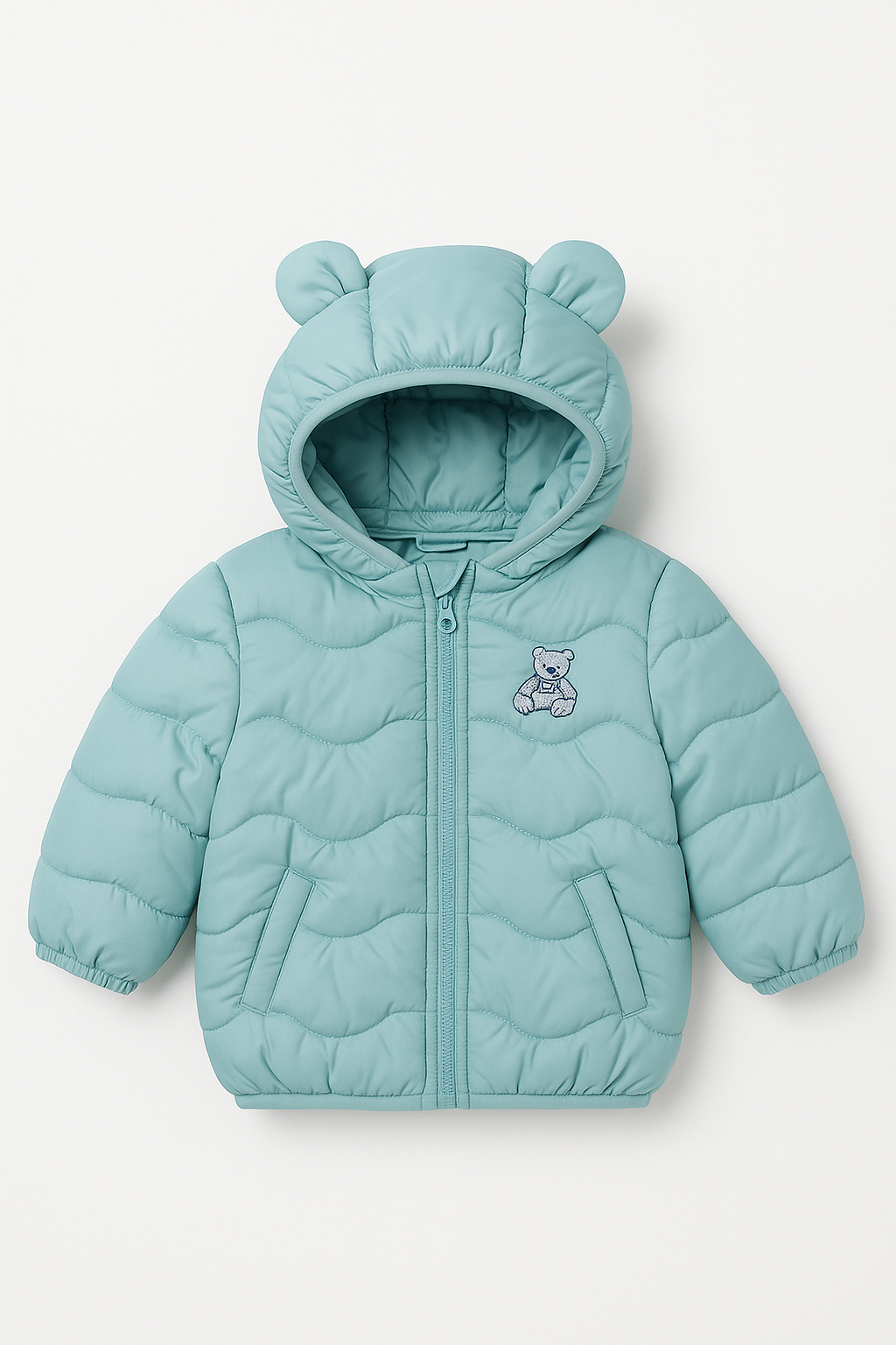 Imported Puffer Jacket 3D Happy Bear - Aqua Blue