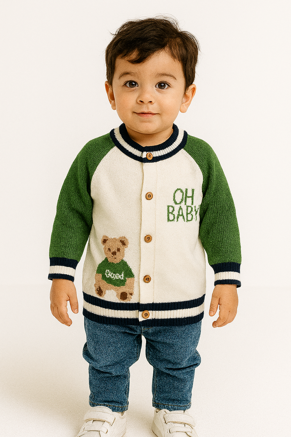 Bear Print Knitted Green Sweater Cardigans Boys